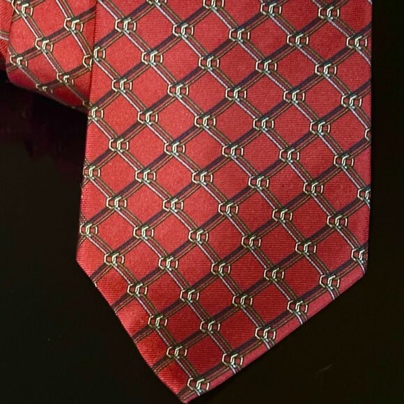 Dior Mid Century Modern Neckwear Tie 100% All Silk Red Fence Plaid Silver Gray - Picture 3 of 4